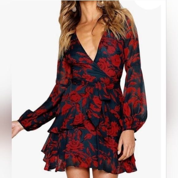 UGUEST Red & Black V-Neck Floral Faux Wrap Tie Dress - Size S - Picture 1 of 8